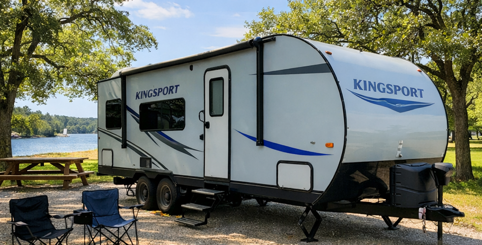 RV rental unit from Lake Whitney on Wheels set up for outdoor travel near Lake Whitney, Texas.