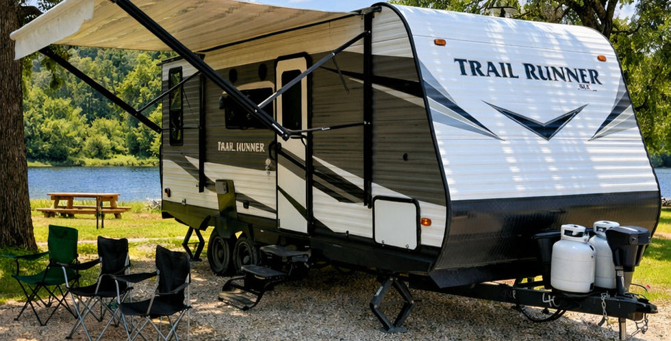 RV rental unit from Lake Whitney on Wheels set up for outdoor travel near Lake Whitney, Texas.