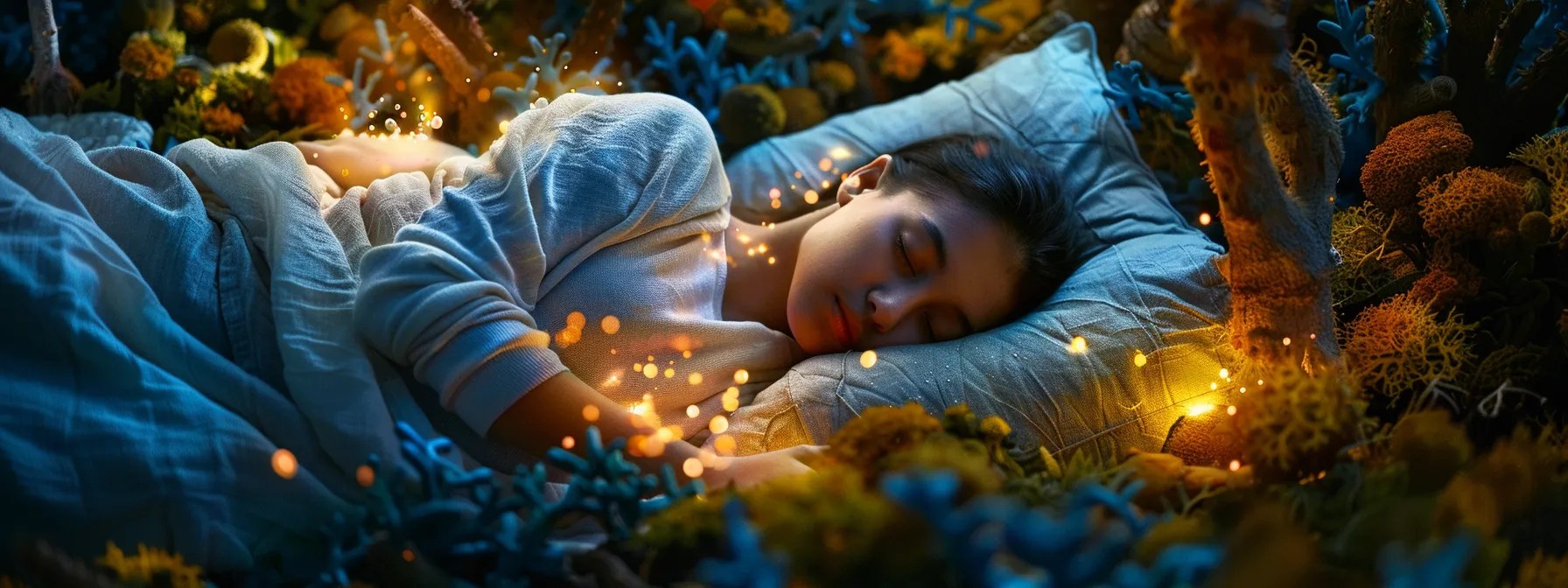 a tranquil nighttime scene showcases a serene figure peacefully sleeping amidst ethereal floating melatonin molecules, surrounded by vibrant turmeric, ginger, and sea moss, embodying the calming essence of natural sleep remedies.