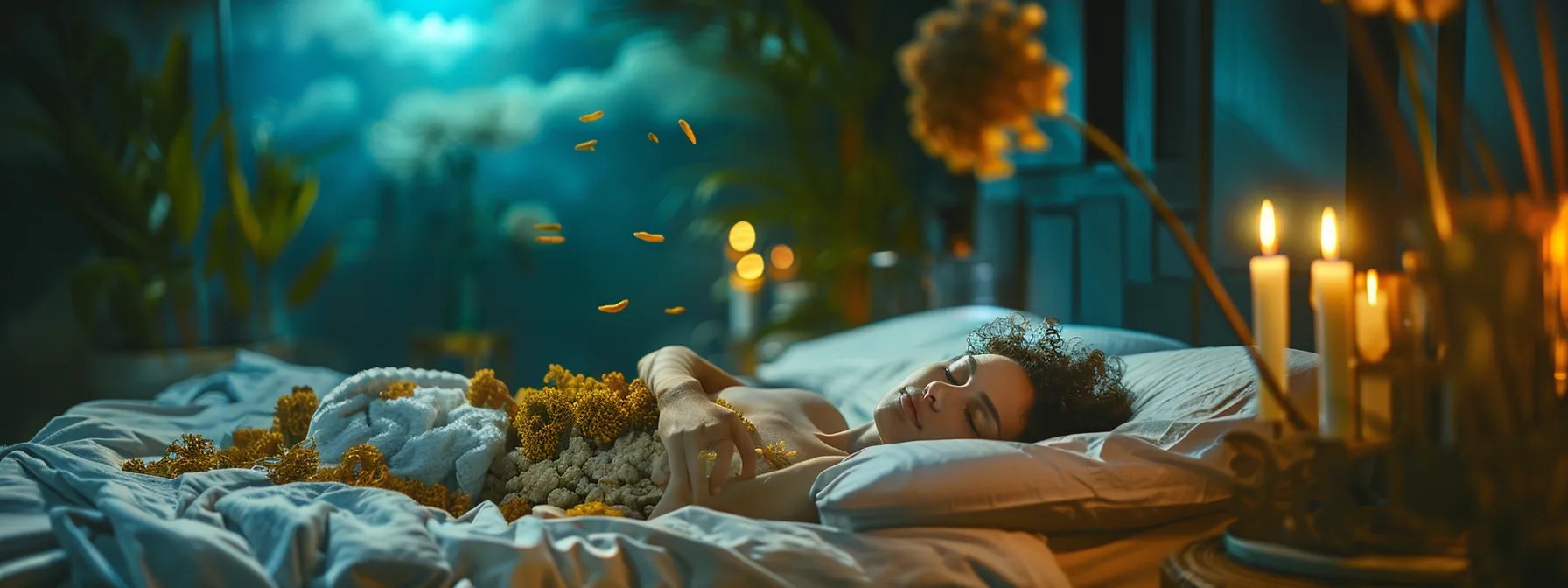a tranquil nighttime scene features a peaceful sleeper enveloped in soft moonlight, with vibrant natural ingredients like turmeric, ginger, and sea moss gently floating in the air, symbolizing relaxation and holistic wellness.