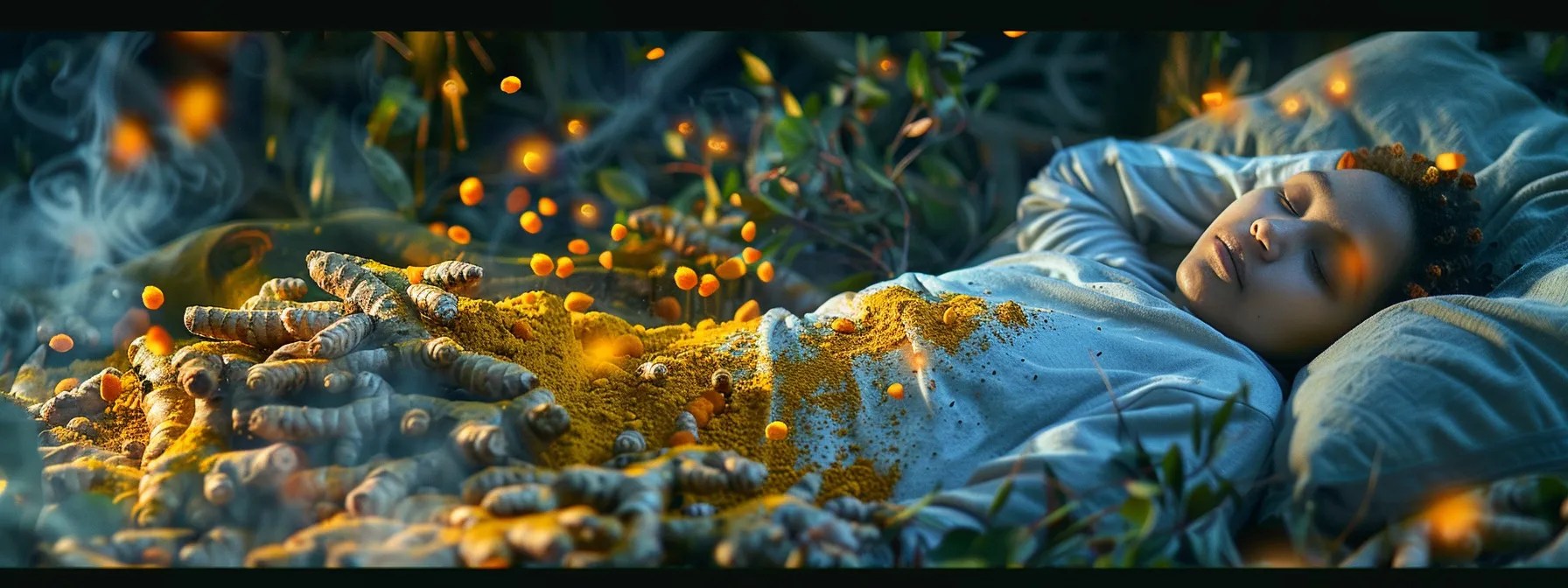 a tranquil nighttime scene captures a person peacefully asleep, enveloped in a soft glow, with vibrant turmeric and ginger roots artfully arranged around them, while ethereal melatonin molecules gently float in the air, symbolizing the holistic harmony of sleep and wellness.