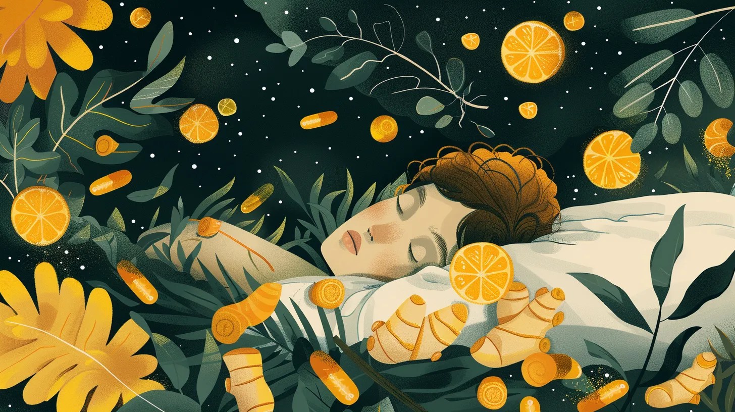 a serene nighttime scene captures a person peacefully sleeping amidst floating natural ingredients like turmeric, ginger, and sea moss, symbolizing the restorative power of skegee vegan sleep gummies.