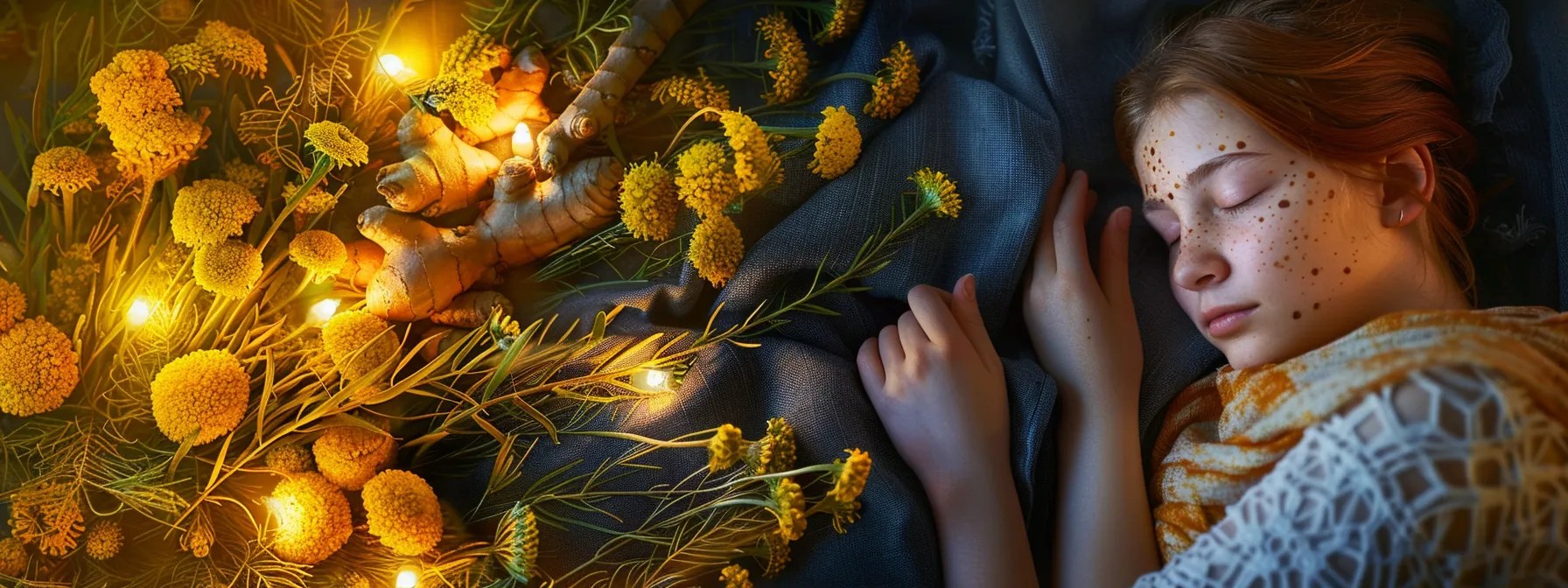 a tranquil nighttime scene captures a person peacefully sleeping, enveloped by gentle, glowing molecules of melatonin and surrounded by vibrant natural ingredients like turmeric, ginger, and sea moss, symbolizing holistic wellness and rejuvenation.