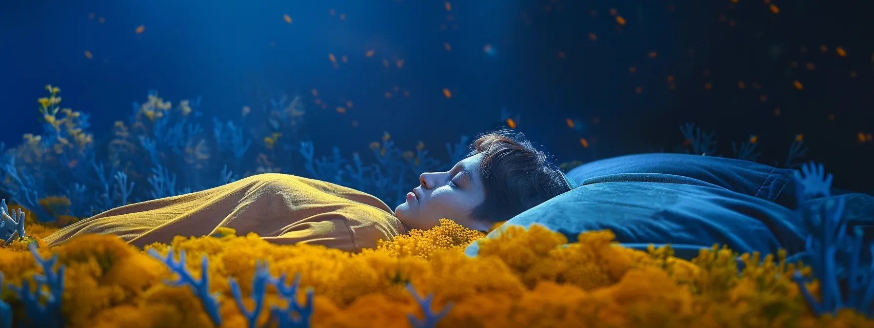 a tranquil nighttime scene depicts a person peacefully sleeping amidst ethereal floating turmeric, ginger, and sea moss, illuminated by soft moonlight, symbolizing the restorative power of skegee vegan sleep gummies for deep relaxation and holistic wellness.