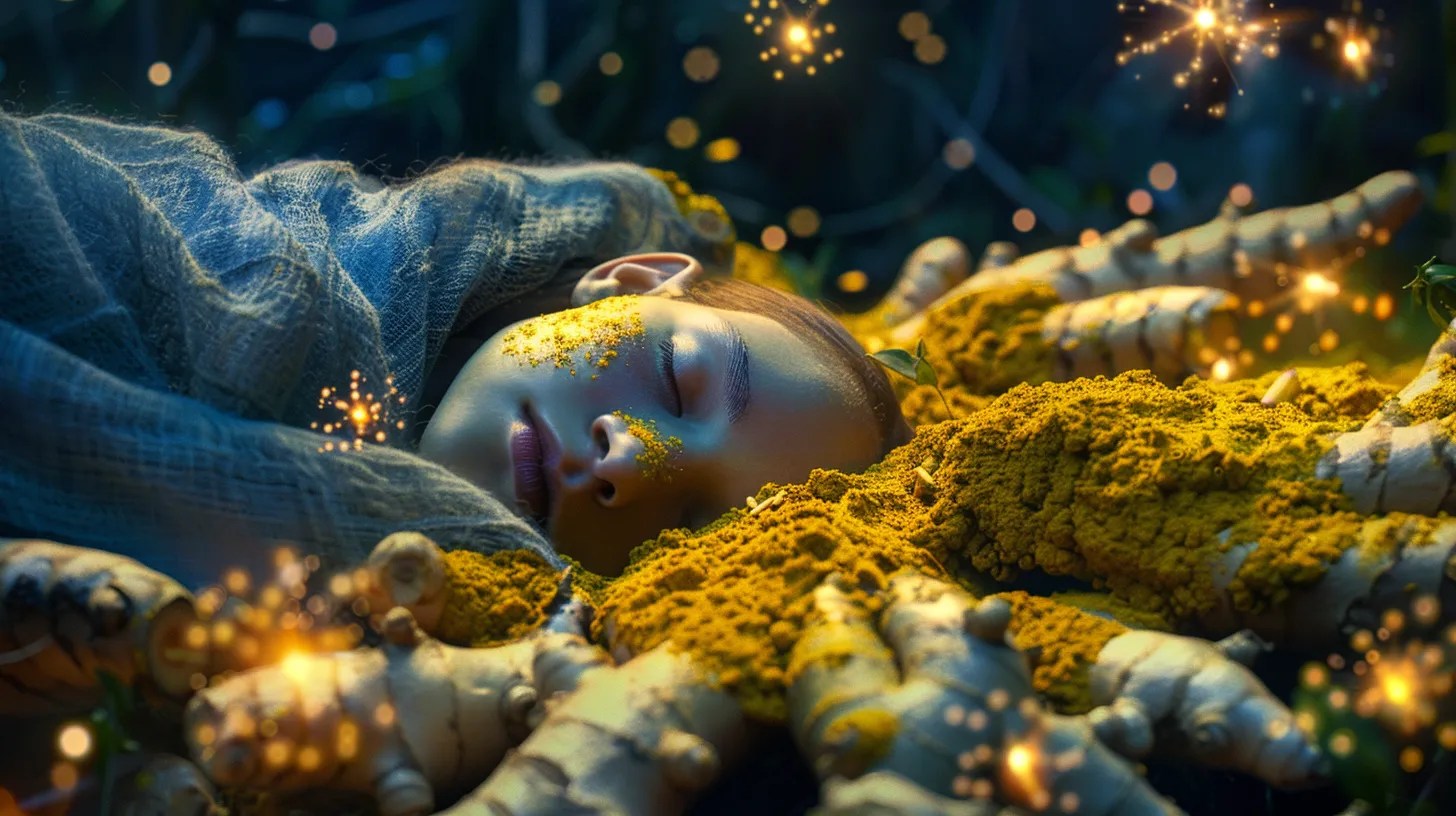 A serene nighttime scene with a person peacefully sleeping, surrounded by natural ingredients like turmeric, ginger, sea moss, and melatonin molecules floating in the air.