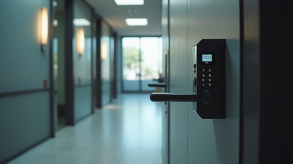 Eye-level view of a secure office entrance with electronic access control panel