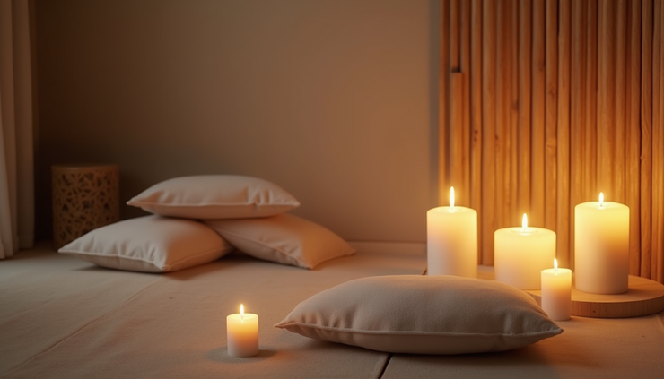 Eye-level view of a serene meditation space with candles and cushions