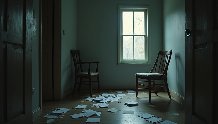Eye-level view of a dimly lit empty room with a broken chair and scattered papers