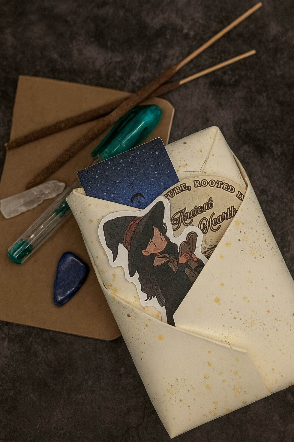 Witchy sticker and items reading 
