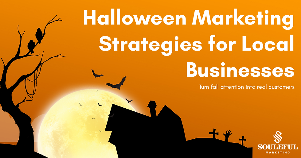 Halloween marketing strategies for local businesses, featuring a home exterior, golf course, and restaurant with fall pumpkin accents.