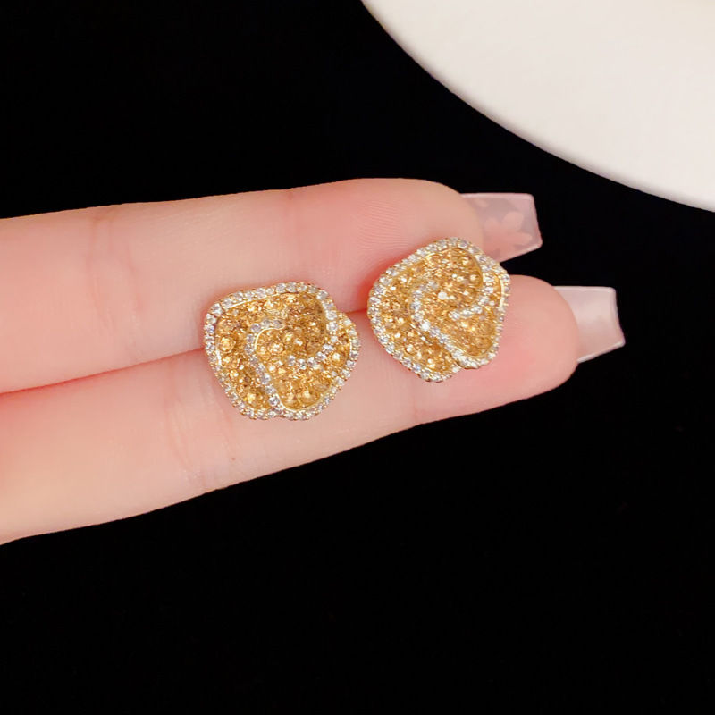 Thumbnail: Champagne Petal Earrings for Women Fashionable Versatile Full Diamond Elegant Si