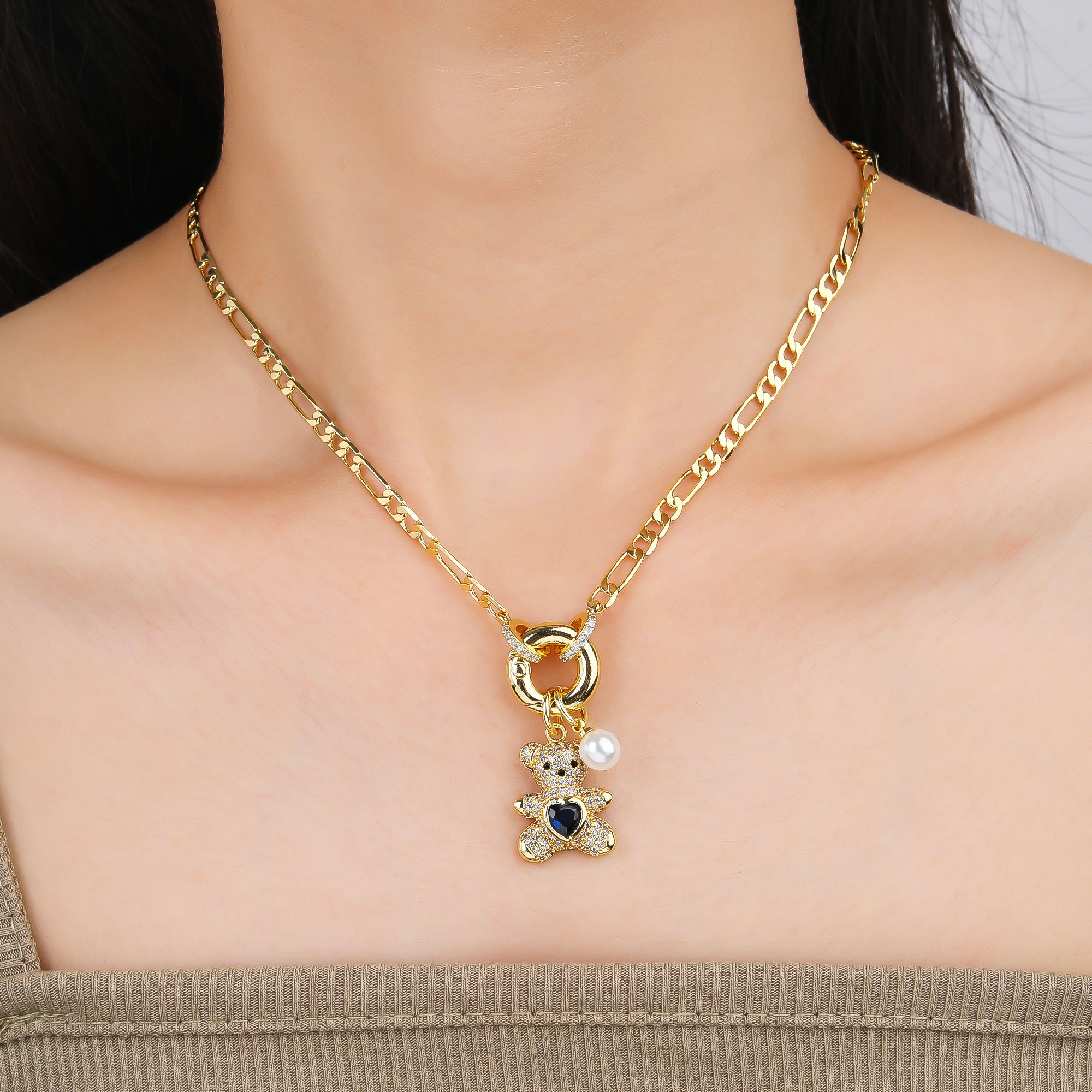 High Quality Shiny Crystal Zirconia Animal Cute Bear Pendant Necklace Choker for