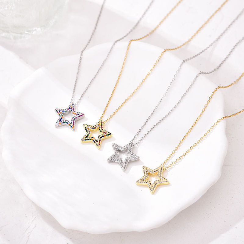 Thumbnail: Trendy Multicolor Star Zincon Pendant Necklace For Women Stainless Steel Chain C