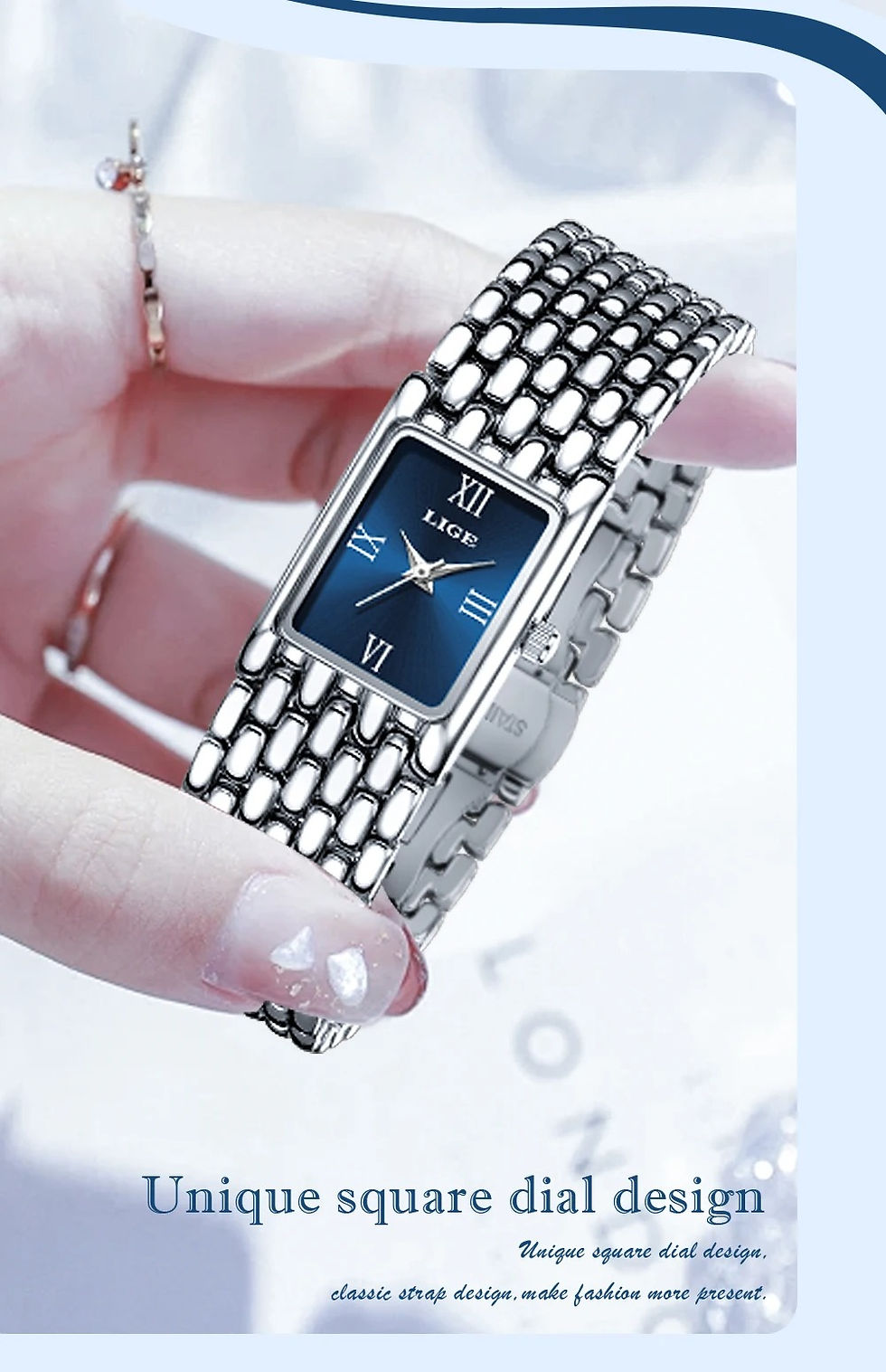 Thumbnail: LIGE New Design Ladies Watch Fashion Quartz Wristwatch Silver Simple Square Wome