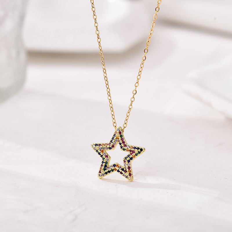 Thumbnail: Trendy Multicolor Star Zincon Pendant Necklace For Women Stainless Steel Chain C