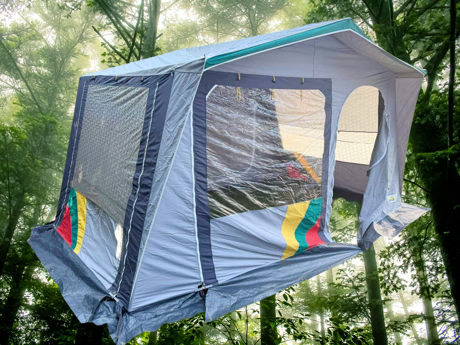 DWT Bregenz II 340cm grey campervan drive-away awning with steel pole frame, large windows and colourful detailing