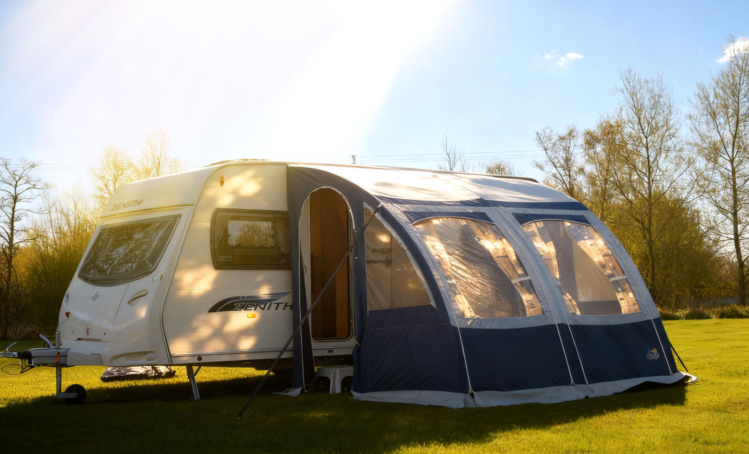 Apache Milano Blue Caravan Porch Awning Alloy Poles + Curtains -Used