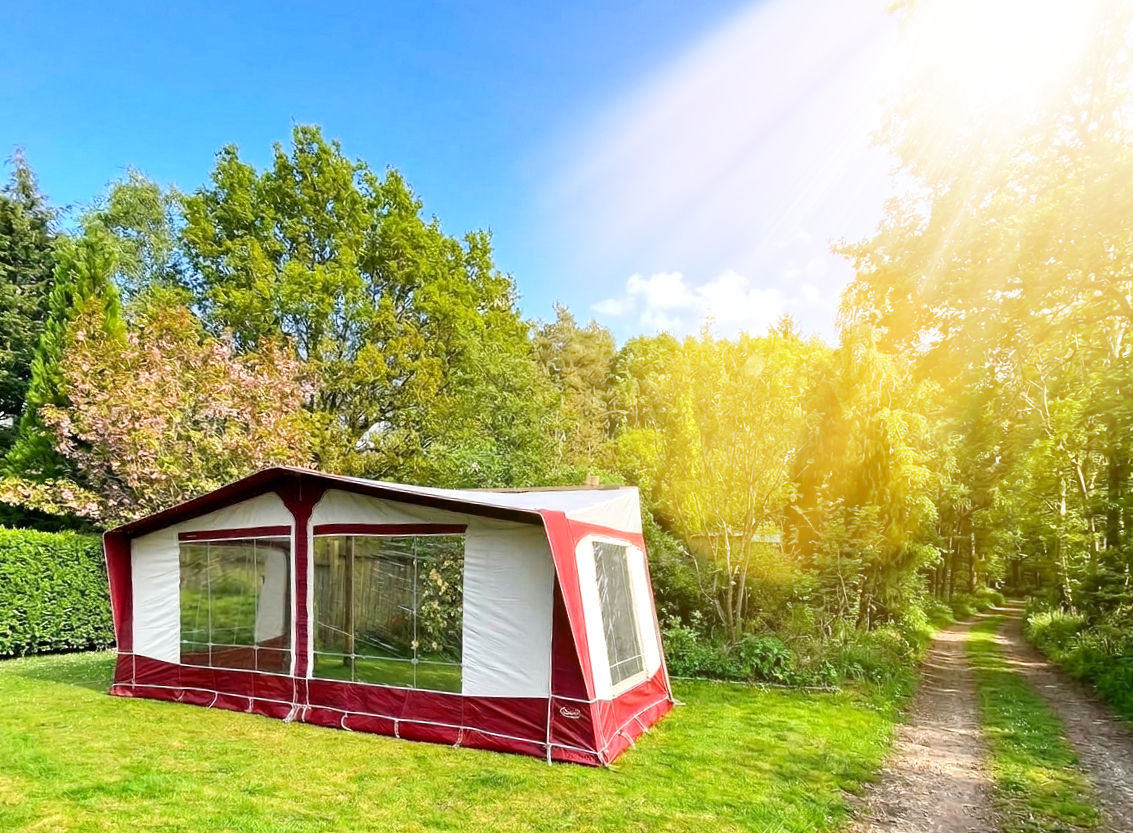 Bradcot Classic wine red and cream Size 13 full caravan awning with Easy-Up alloy frame and crystal-clear windows
