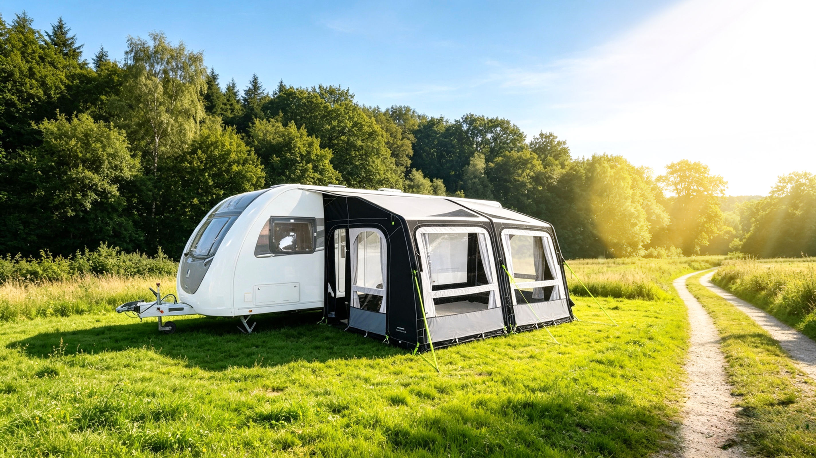 Dometic Rally AIR Pro 390 S caravan air awning with electric pump and carpet