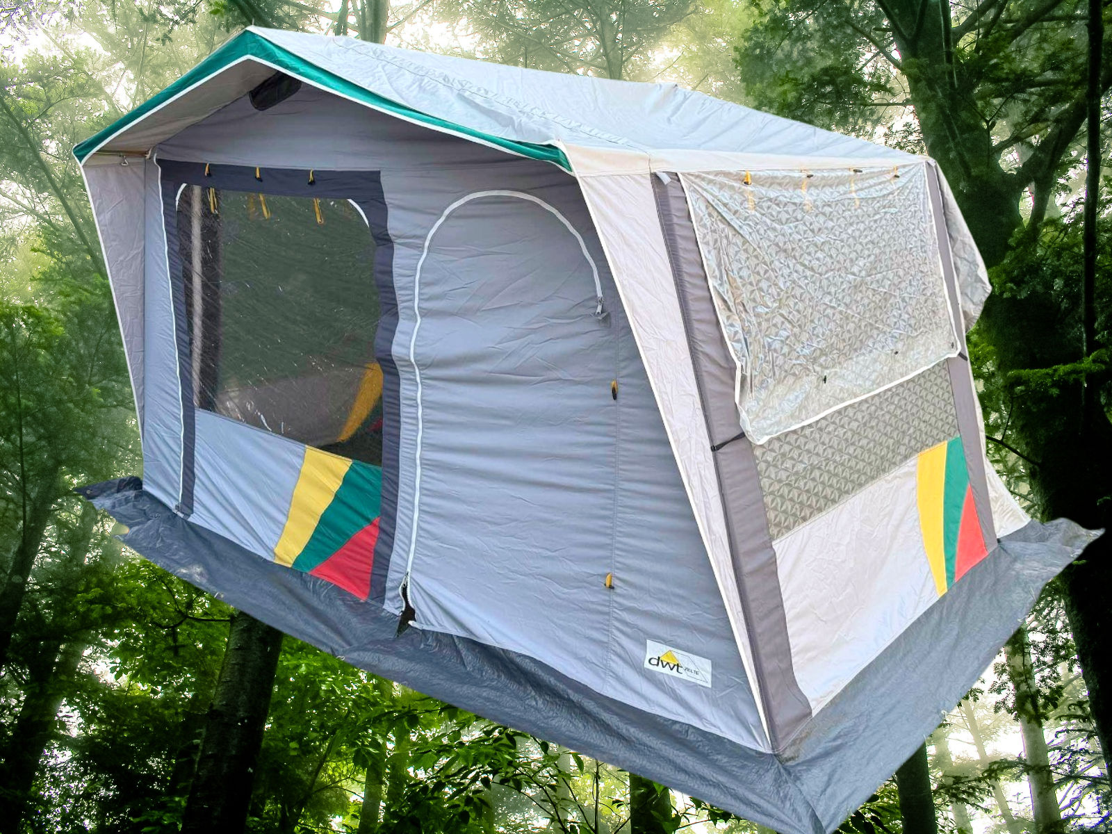 DWT Bregenz II 340cm grey campervan drive-away awning with steel pole frame, large windows and colourful detailing