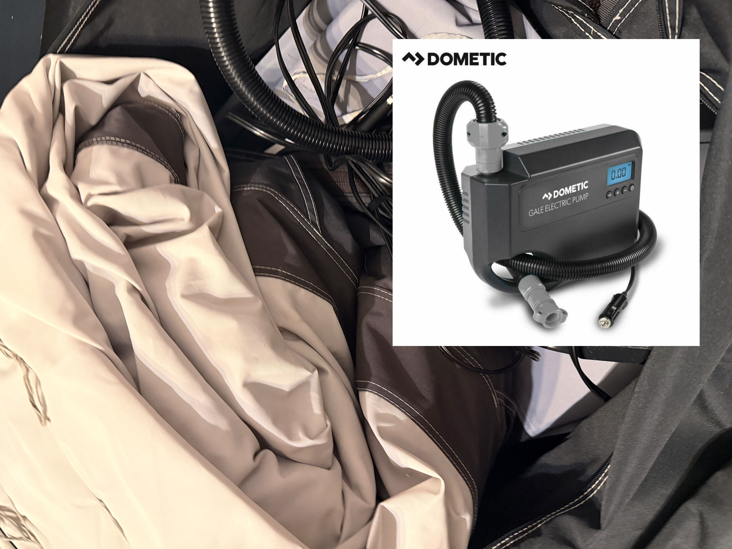 Dometic Rally AIR Pro 390 S caravan air awning with electric pump and carpet