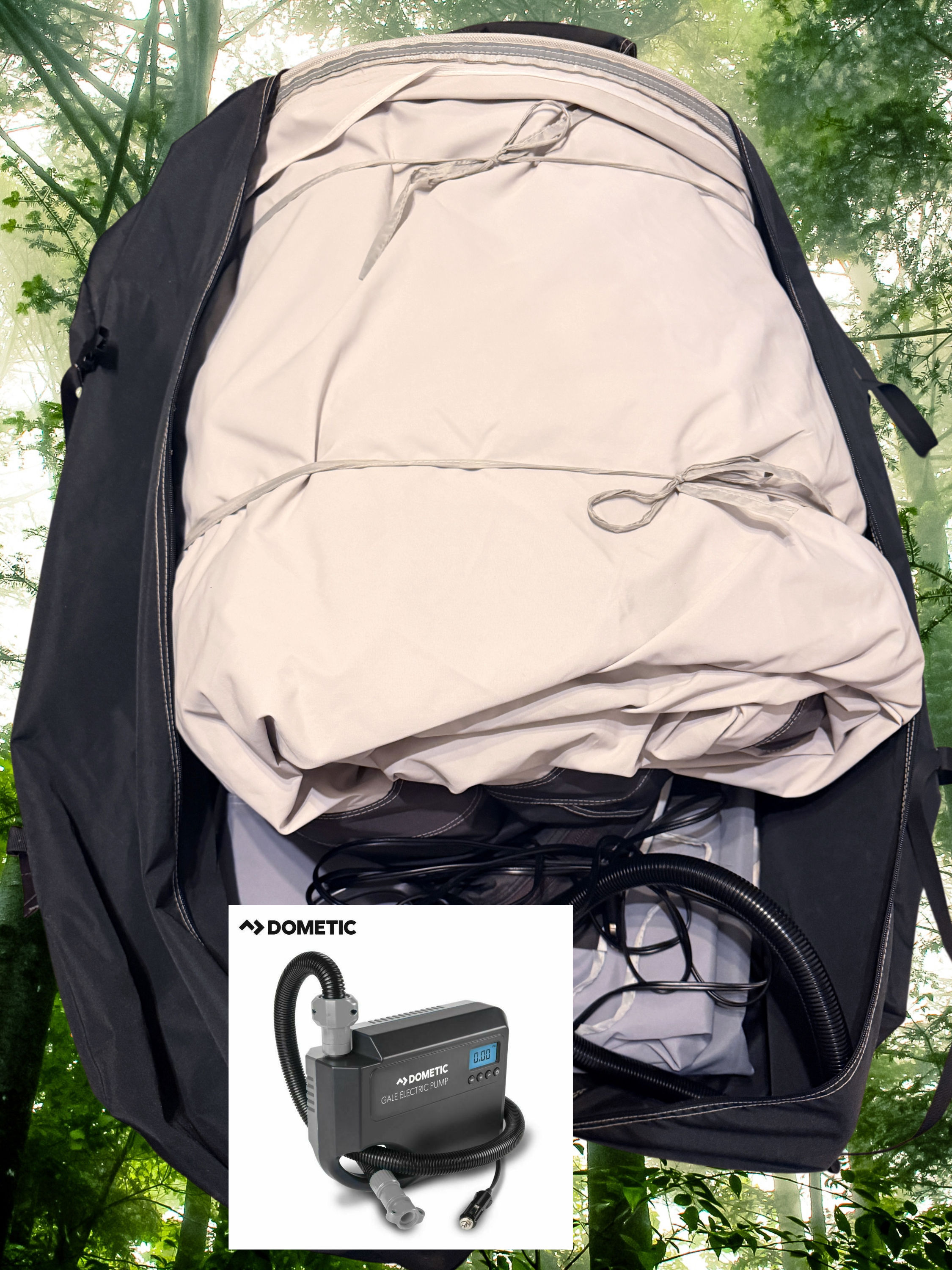 Dometic Rally AIR Pro 390 S caravan air awning with electric pump and carpet