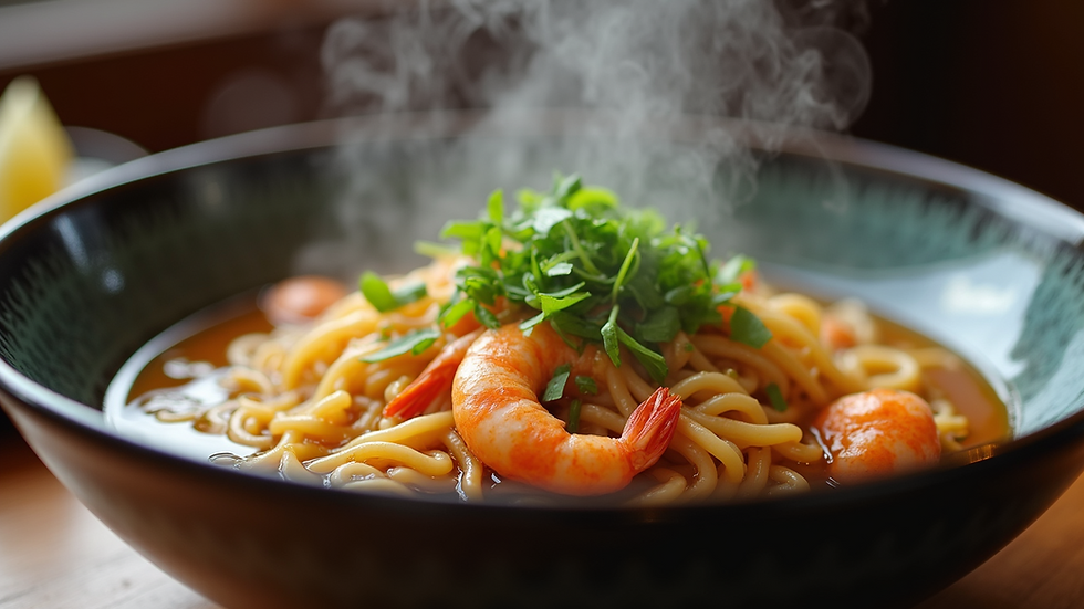 Close-up view of a steaming bowl of Hokkien Mee served with prawns and garnished with green onions