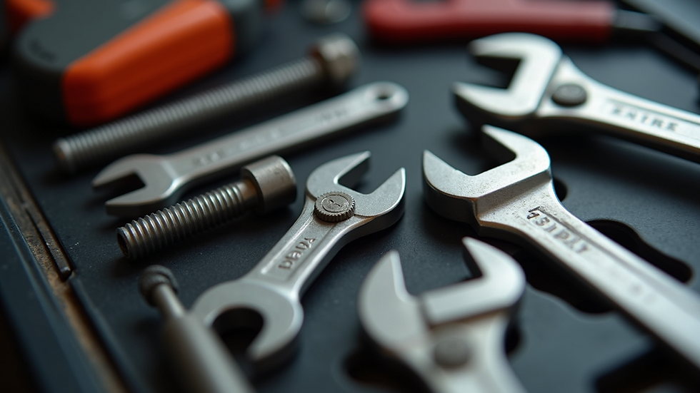 Close-up view of a plumbing tool kit showing essential tools like wrenches and pipes