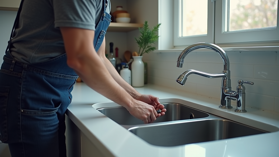 Close-up view of a plumber fixing a kitchen sink pipe