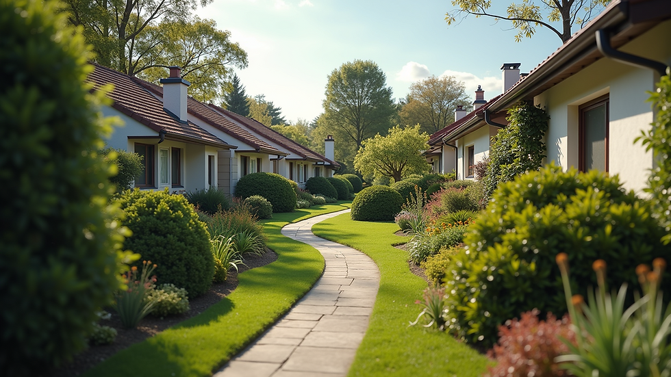 High angle view of a suburban neighborhood showcasing homes with well-kept gardens
