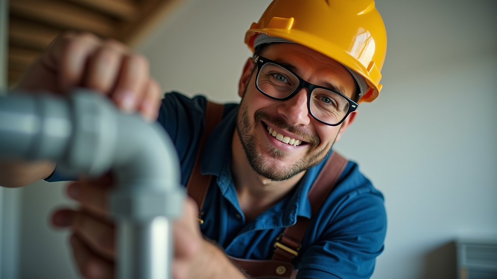 Eye-level view of a licensed plumber at work fixing a pipe inside a home
