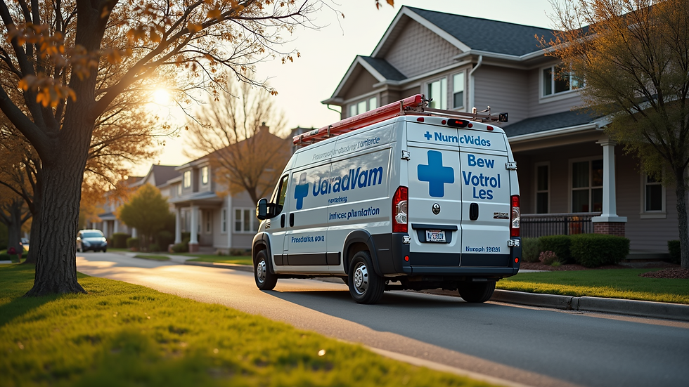 Eye-level view of a plumbing van parked outside a residential home