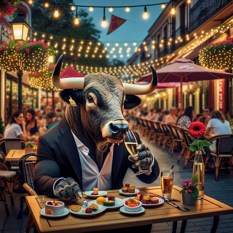 un toro che beve Champagne mentre mangia Tapas