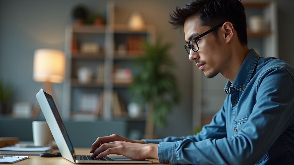 Eye-level view of a person working on a laptop with glasses