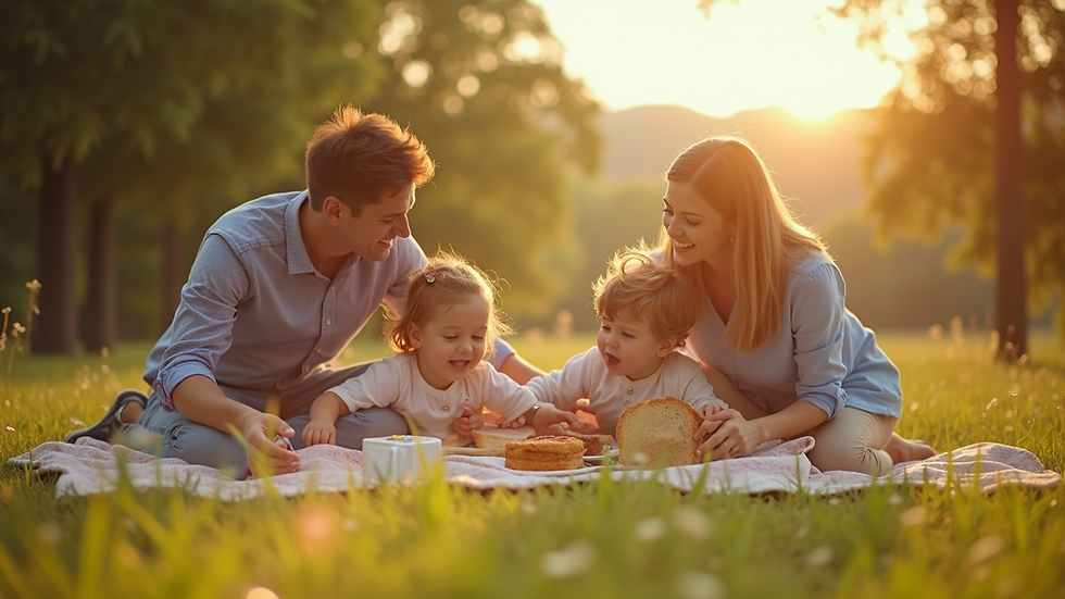 Wide angle view of a family enjoying a picnic outdoors
