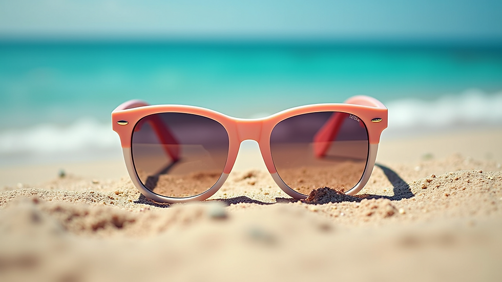 Close-up view of colorful sunglasses on a beach