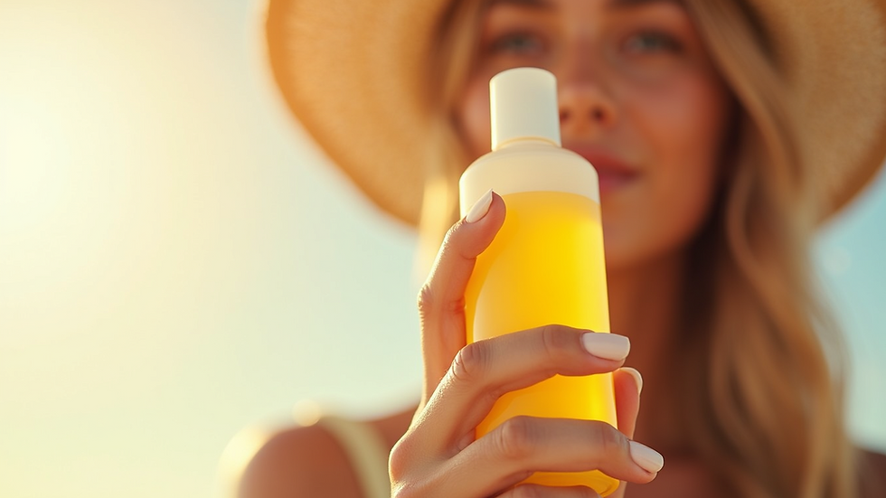 Close-up of a person holding a sunscreen bottle against a bright background