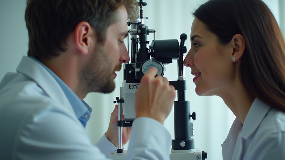 Eye-level view of an optometrist examining a patient’s eyes