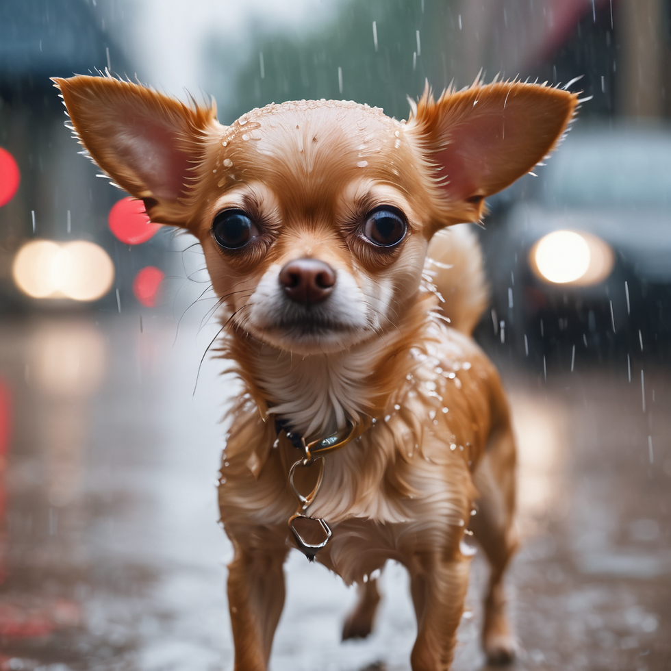 Close up photo of a tiny tan Chihuahua dog standing in a shallow sidewalk puddle on wet concrete. The petite pup is soaked head to paw in the heavy rainfall. Their expression looks bright and unfazed by weather, with perked ears and wagging tail. Background shows rain pattering on a city street filled with buildings. This surprising image reinforces that even stereotypically fragile breeds can confront inclement weather to confidently potty on city walks if eased into it through positive training.