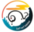 Abstract logo with a spiral creature in black, red eye, and teardrop shapes. Orange-yellow gradient sky, blue waves. Text: Le7 re7 tskitsc.