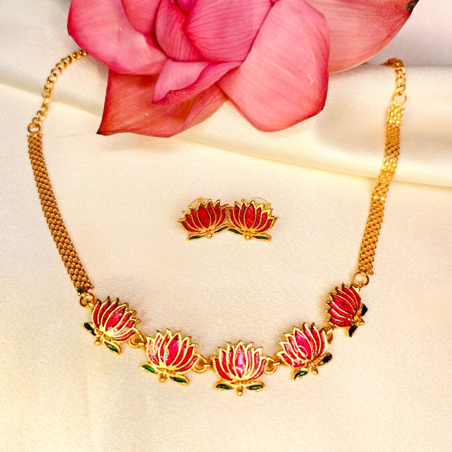 Modern manju inspired lotus necklace and earrings