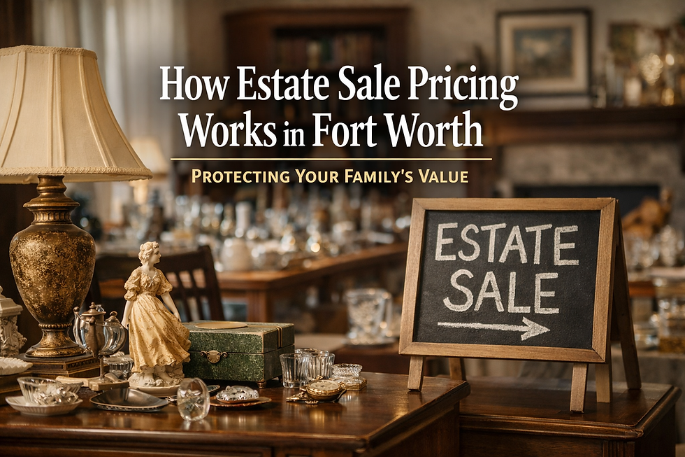 Fort Worth estate sale pricing example showing carefully staged antiques and household items inside a Fort Worth home