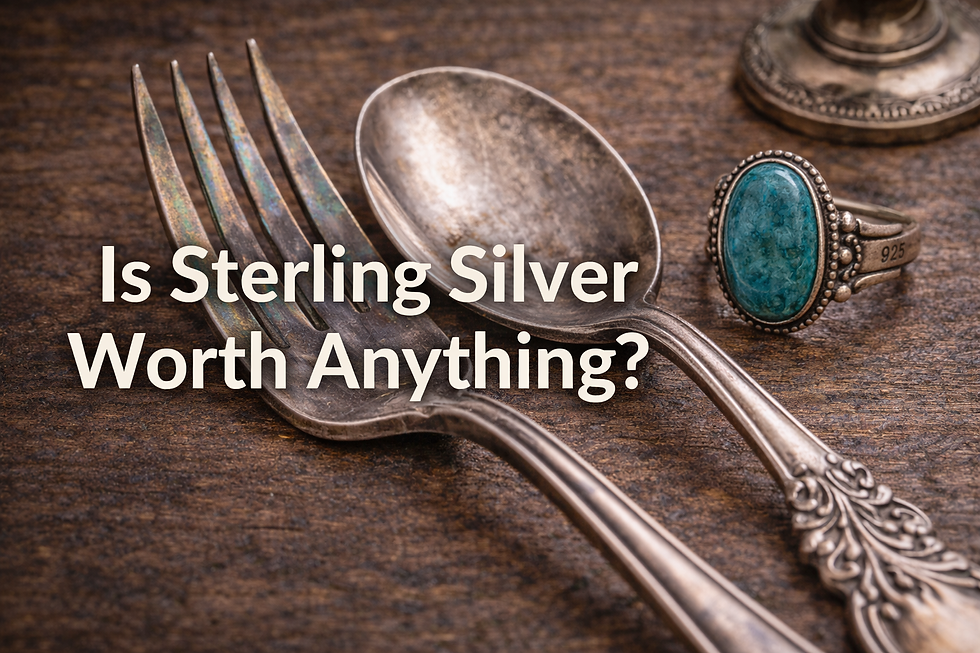 Close-up of sterling silver flatware and serving pieces showing the weight and markings used to evaluate silver value.