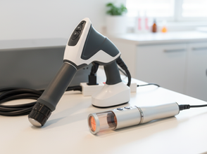 Shockwave therapy device (large handheld applicator connected to a power unit) and laser therapy probe (small cylindrical tool with red glowing tip) on a white clinical table, with blurred background elements like a plant and exam bed.