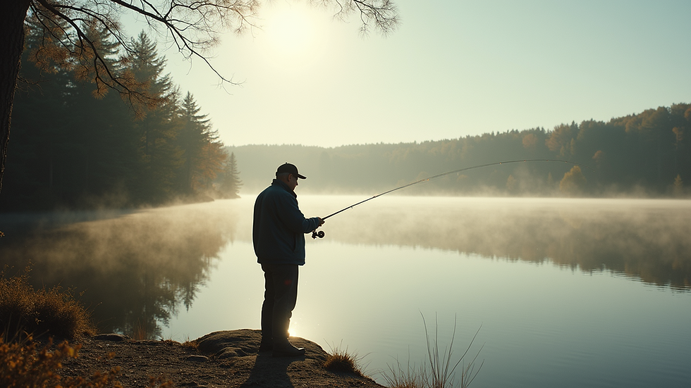 Eye-level view of a veteran casting a fishing line into a serene lake