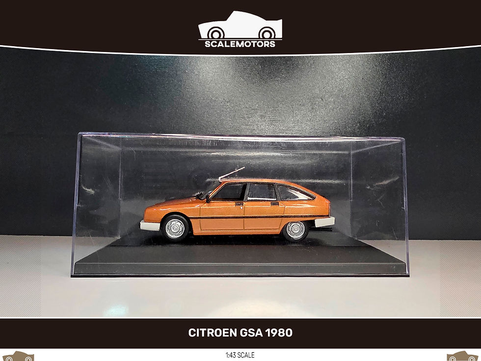Miniatura: Citroen GSA 1980 en exhibición, modelo de coche naranja, Scalemotoss 1:43 escala.