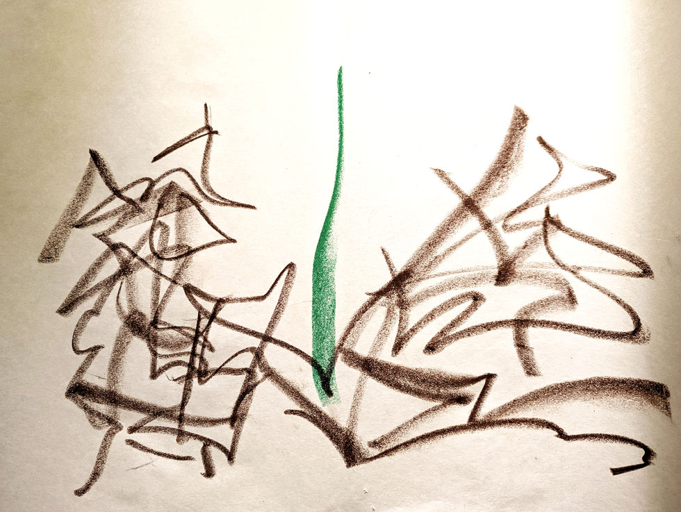 Abstract art: green sprout emerges from brown brushstrokes