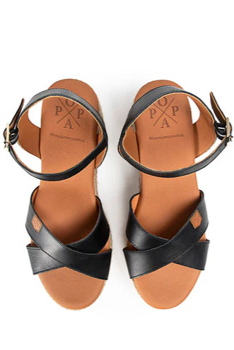 Miniatura: Cuña Tacón Yute Clifton Piel Negro con hebilla