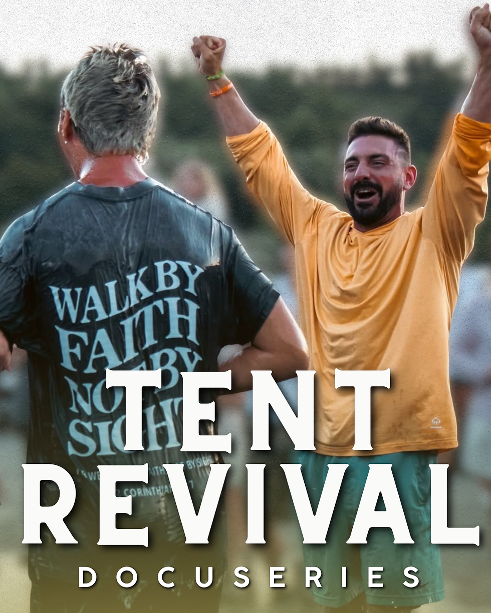 Tent Revival Graphic of Pastor Daniel in orange shirt with both hands raised cheering on a boy who just got baptized.