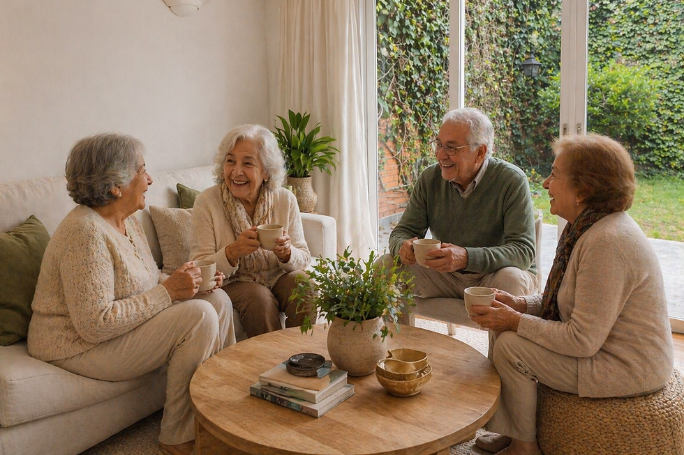 Foto de referencia de residentes de Nova Vida Senior Living compartiendo en la sala